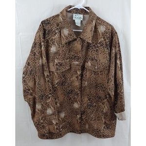 The Quacker Factory Womens Jacket 1X Animal Print Button Front Beaded Denim